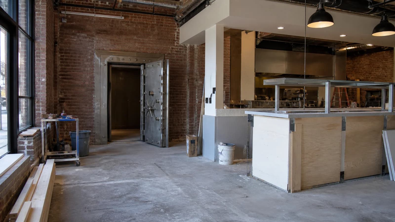 AI-generated illustration of an older brick commercial interior with an unfinished restaurant counter.